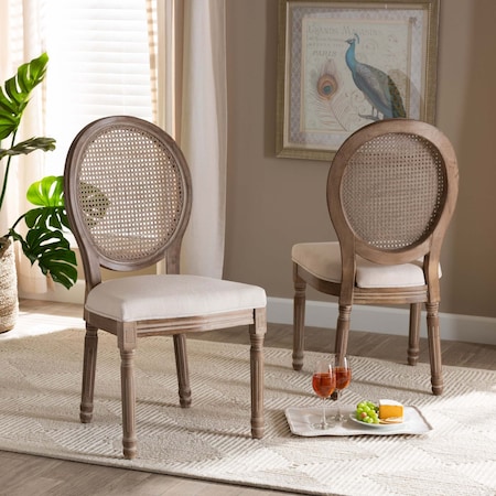 Baxton Studio Louis Traditional Beige Fabric Upholstered Wood and Rattan Dining Chair Set(2PC) PR 200-2PC-12335-ZORO